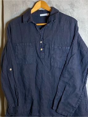 Tempo Paris Dark Navy Linen Long Sleeve High Low lagenlook bogo size Small / Med